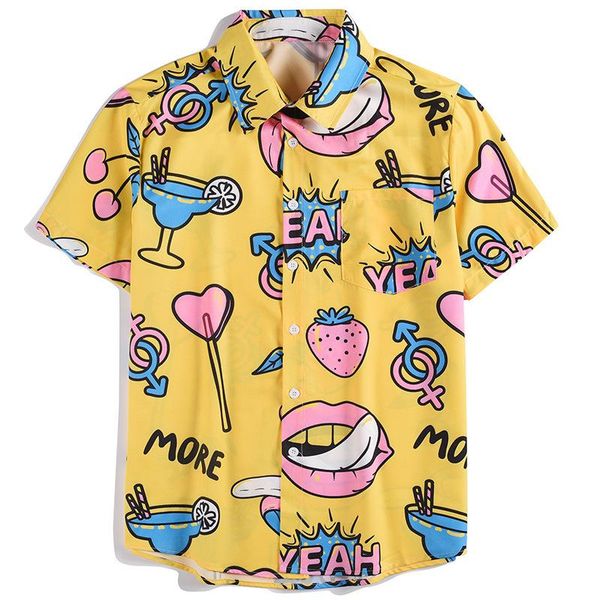 

men's t-shirts us size 2021 hawaiian shirt colorful lip strawberry cocktail print tide brand loose light short sleeve shirts, White;black