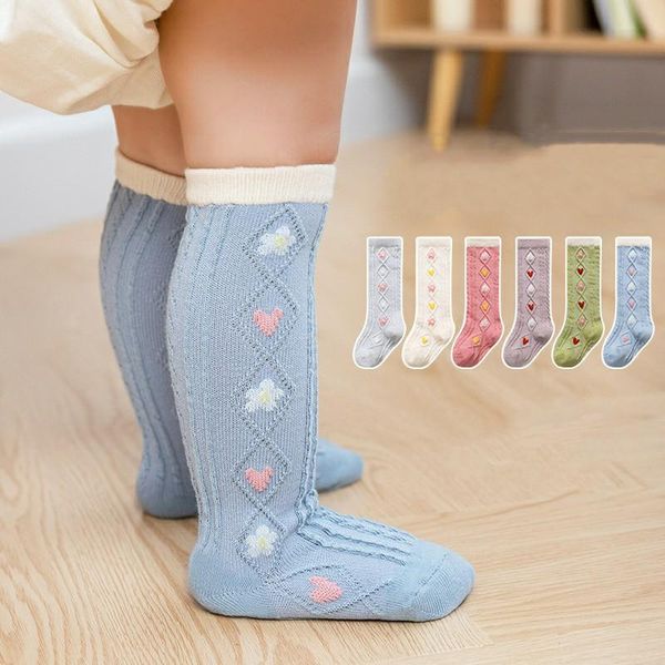 

socks autumn winter baby vertical stripes double needle knitted children over the knee cotton girl, Pink;yellow