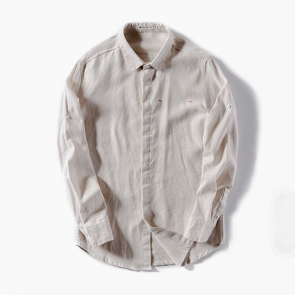 

2021 new italy style autumn and spring linen men brand fashion solid shirts male long sleeve casual square collar shirt mens camisa yoa1, White