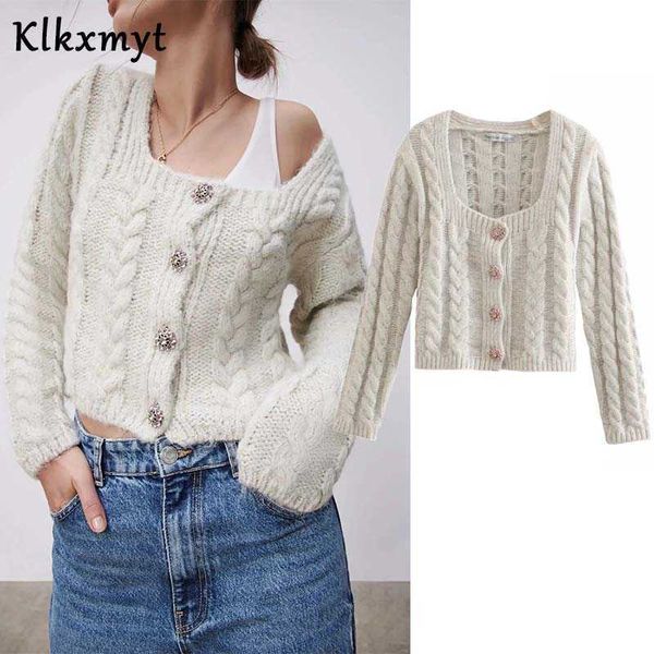 

klkxmyt za cardigans women eight-strand weave casual short knitting sweater femme chic artificial gem buttons coat 210527, White