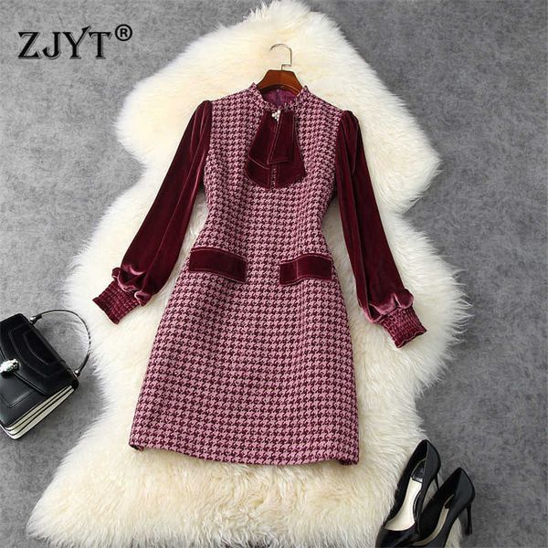 Runway moda outono outono inverno houndstooth vestido de lã veludo retalhos mulheres vintage robe femme bow festa doce vestidos 210601