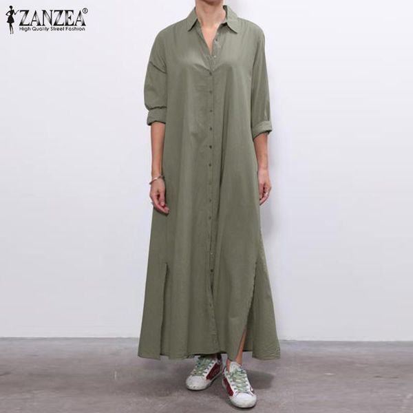 

casual dresses zanzea stylish lapel neck solid maxi vestidos elegant women long shirt dress 2021 autumn sleeve split hem sundress femme, Black;gray