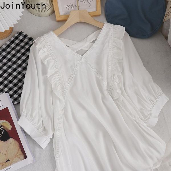 

women's blouses & shirts joinyouth short-sleeve chiffon shirt women 2021 summer v neck ruffle patchwork elegant blouse korean fashion t, White
