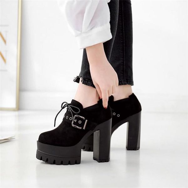 

dress shoes pxelena women super high heels chunky block thick platform pumps buckle punk gothic rock round toe lady cosplay drop ship, Black