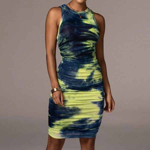 

casual dresses tie-dye print ruched dress women o-neck knee-length ladies winter skinny partywear elastic vestidos, Black;gray