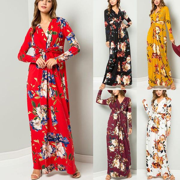 

casual dresses fashion women vintage loose female floral printed maxi dress v-neck long sleeve winter autumn, Black;gray