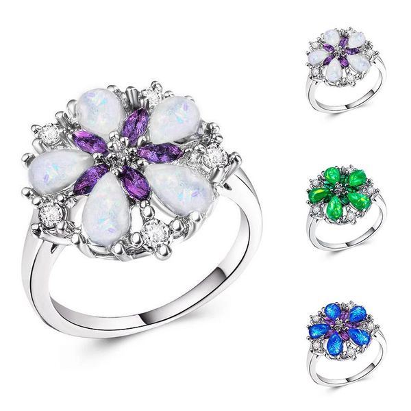 

cluster rings pretty gift for women girls finger ring white fire opal size 6-10 wedding fashion, Golden;silver
