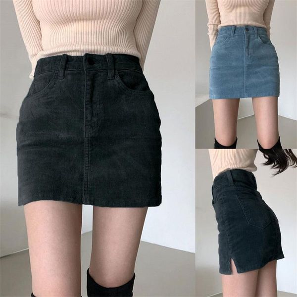

skirts 2021 summer fashion women casual close-fitting corduroy skirt female solid color high waist slit dress for dating shopping, Black