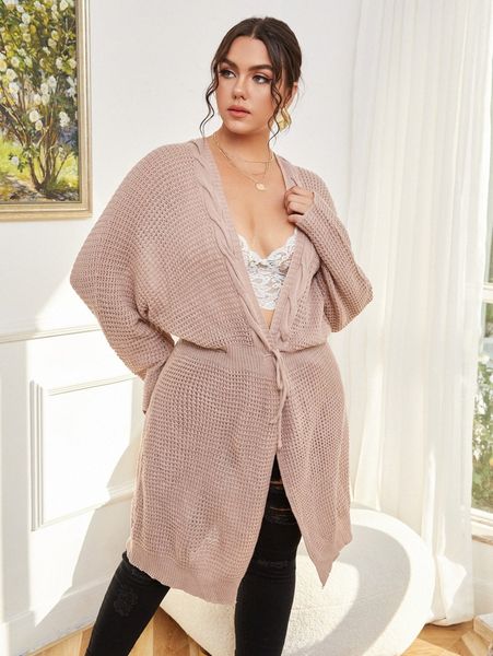 

plus waffle knit batwing sleeve drawstring waist cardigan m0go#, Black