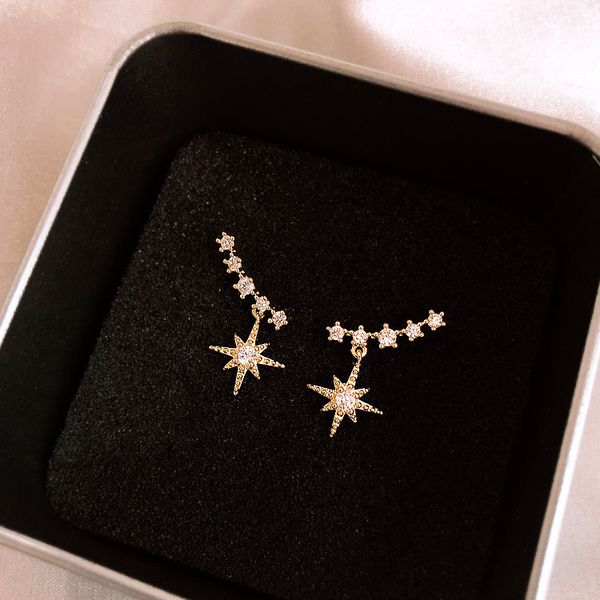 

korean s925 silver octagonal needle star earrings exquisite french lucky diamond net red fashion versatile women, Golden;silver