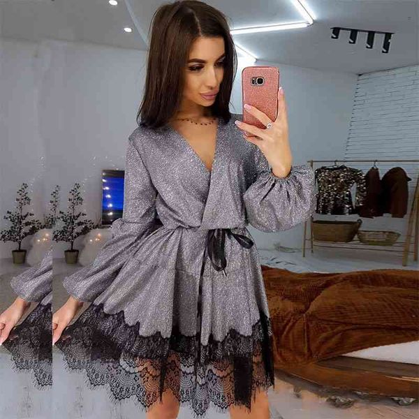 

casual dresses women bandage lace patchwork a line party ladies long sleeve v neck elegant new fashion mini vintage 8vxs, Black;gray