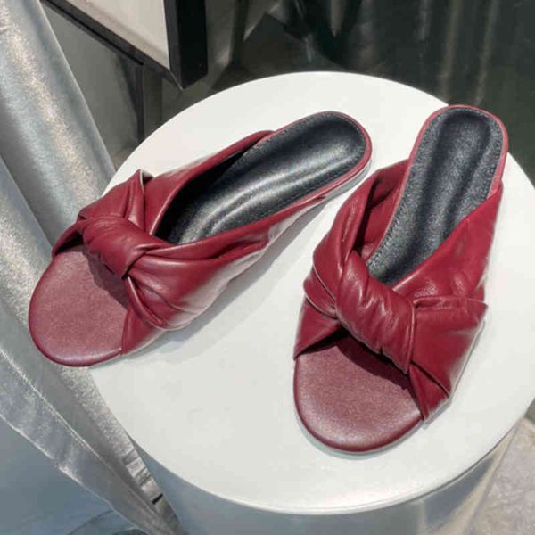 

80% off store online 2021summer new knotted upper flat slippers women soft genuine leather peep toe sandals lazyman comfort vacation shoes f, Black