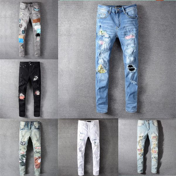 

ff designer jeans mens distressed ripped skinny trousers luxury clothes slim motorcycle moto biker hip hop denim man embroidery eye pants, Blue