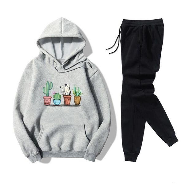 

hooded sweater two-piece women's cat potted printed casual sports sweatshirt women suits, new in autumn and winter2021, Gray
