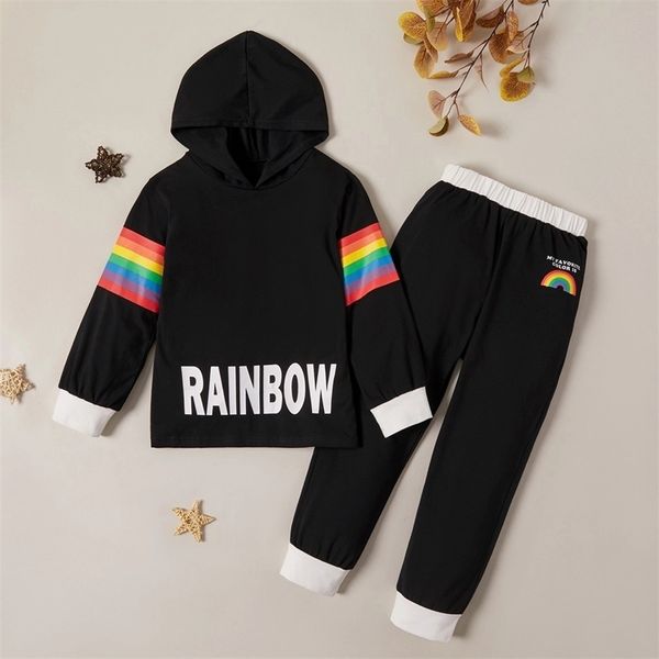 Arrivo autunno e inverno trendy lettera arcobaleno a righe felpa con cappuccio pantaloni imposta vestiti per bambini 210528