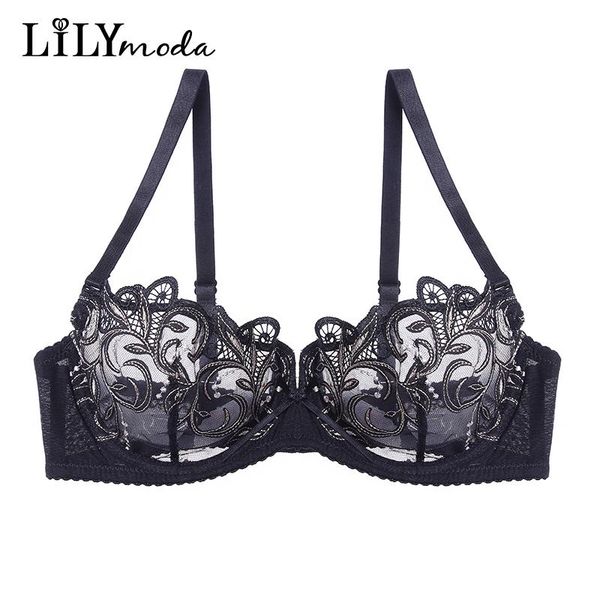 

new summer ultra-thin bra for women demi cup transparent lace embroidery lingerie underwire female brassiere soft underwear, Red;black