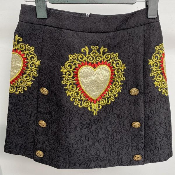 

skirts retro mini skirt, heart-shaped embroidered a-line black jacquard skirt and dark patterns, double-breasted