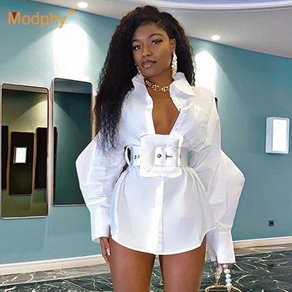 

personalized belt black long shirt for women lapel sleeve tunic casual blouse female fashion spring summer 210527, White