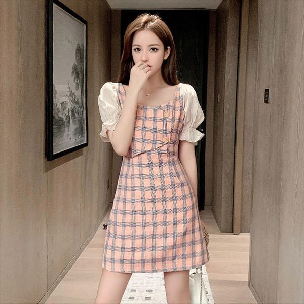

fashion plaid pattern women dress puff sleeve elegant chiffon square collar splicing ruffles a line vestidos, Black;gray