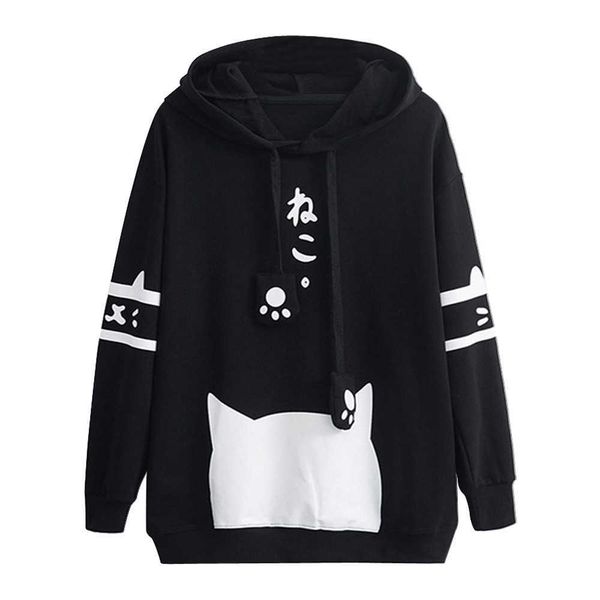 

womens casual long sleeve hoodies kitty cat print pocket thin hoodie sweatshirts blouse shirt harajuku coat dropshipping y0820, Black