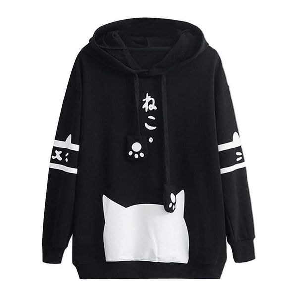 Bayan Rahat Uzun Kollu Hoodies Kitty Kedi Baskı Cebi Ince Hoodie Tişörtü Bluz Üst Gömlek Harajuku Ceket Dropshipping Y0820