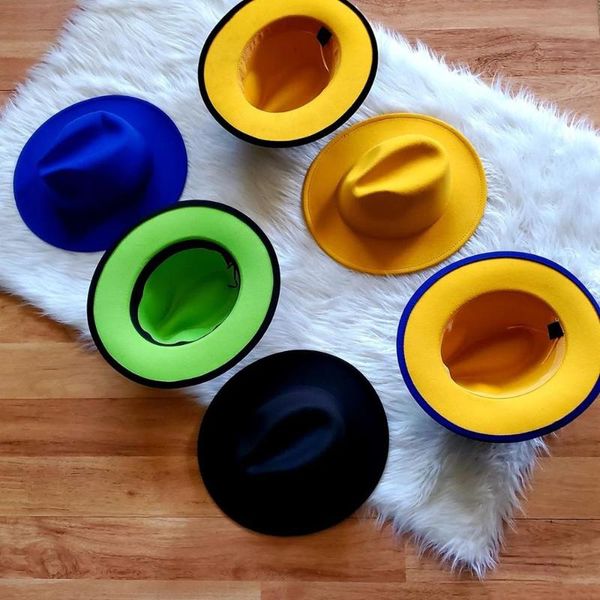 

wide brim hats simple two tone patchwork panama wool felt jazz fedora women men party cowboy trilby gambler hat 56-58-60cm, Blue;gray