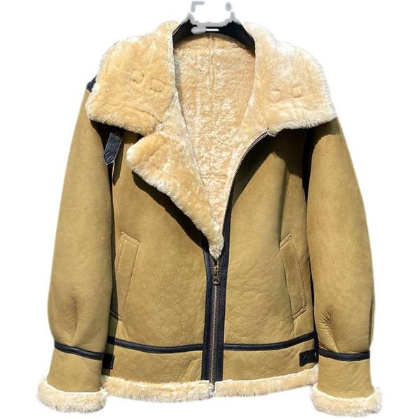 

men's leather & faux 2021 light brown genuine shearling coat military style plus size 5xl real natural sheepskin russian winter warm b3, Black
