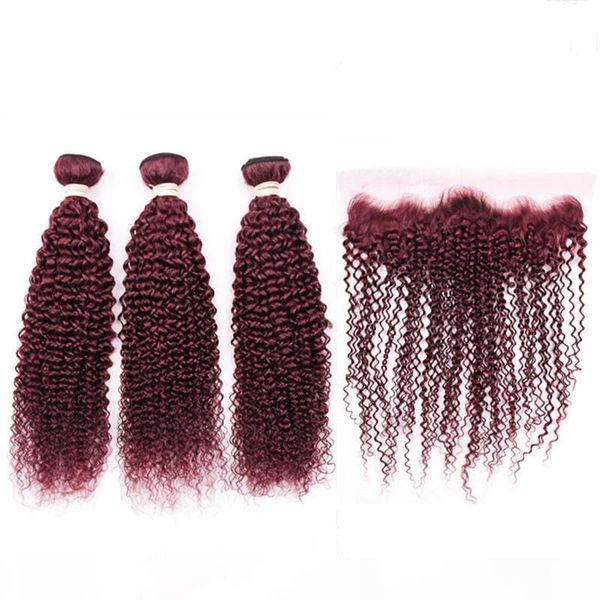 

burgundy red virgin brazilian human hair weaves with frontal kinky curly 99j red wine 3pcs bundles with 13x4 lace frontal closure 4pcs lot, Black;brown