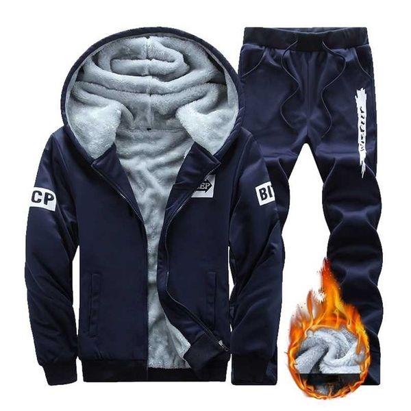 

tracksuit men winter hoodies fur fleece jacket casual sweatshirts mn coat+pant 2 pcs moletom masculino 211109, Gray