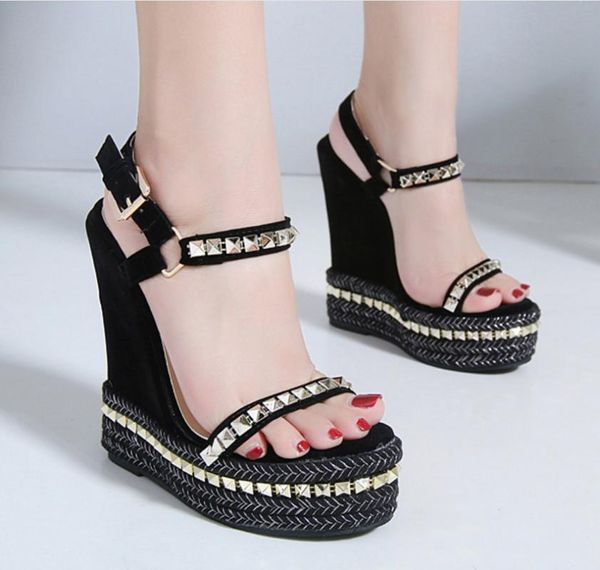 

sandals rivet thick bottom toe women's waterproof platform and heel shoes, Black