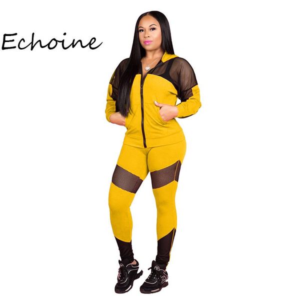 

two piece dress casual women sportwear pieces set hooded sheer mesh color patchwork zopper coat + long pants with pocket 2021 spring, White