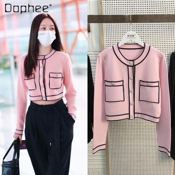 

women's knits & tees 2021 spring and autumn pink cardigan short double pocket knitwear sweater coat, White