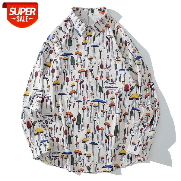 

hip hop hawaiian beach shirts autumn colored mushrooms print harajuku streetwear vintage loose cotton long sleeve shirt men #wo30, White;black