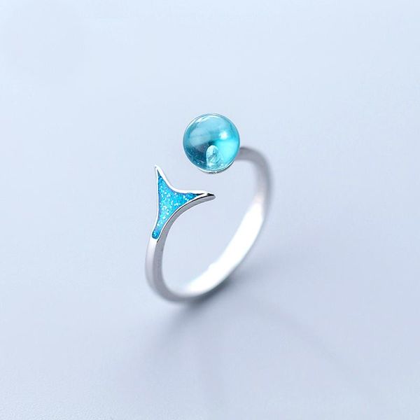 

cluster rings genuine 925 sterling silver fish tail blue z ring stone crystals adjustable for women art deco jewelry s925, Golden;silver