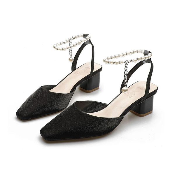 

sandals brand satin thick women pearl strappy high heels party wedding dress shoes zapatillas mujer female footwear, Black