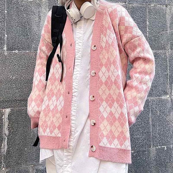 

women's knits & tees harajuku style high street retro cardigan sweater loose long sleeve men's and casual knitwear jacket, White