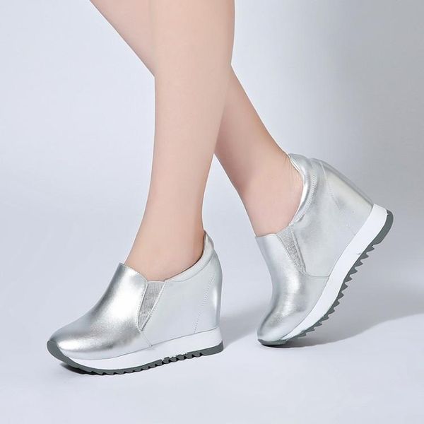 

dress shoes genuine leather high heels women casual wedges sneakers platform height increasing slip on female footwear, Black