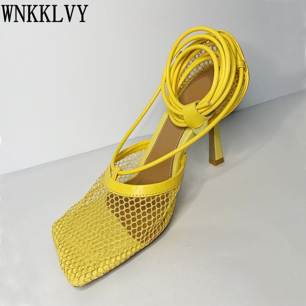 

70% off wholesale flip-flops runway net mesh thin high heel sandals women square toe ankle strappy gladiator sandalias summer party nightclu, Black