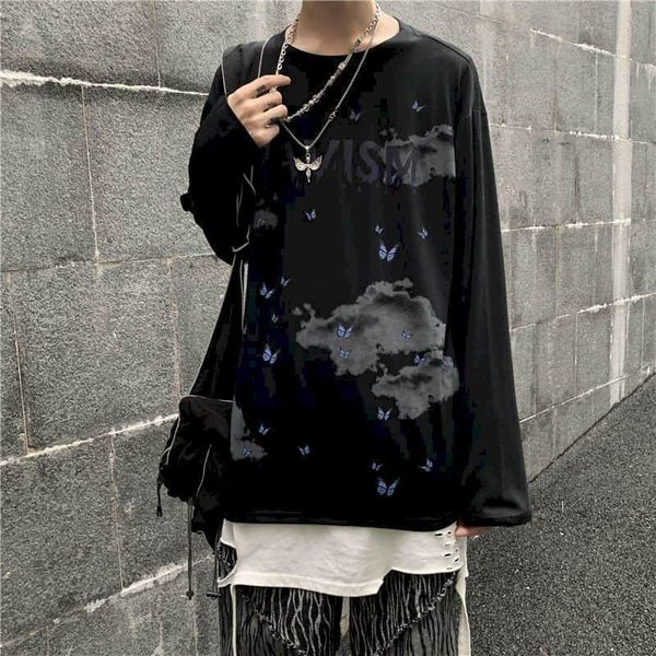

women's t-shirt autumn trend tshirt women t shirt dark high street long-sleeved print butterfly loose large size student bottoming comp, White