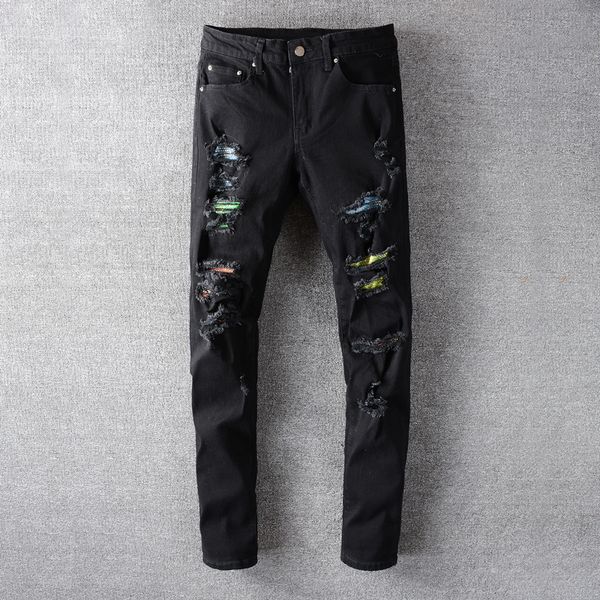 

2021 new fashion streetwear black slim fit ripped men patches designer night club punk pencil pants hip hop jeans homme c69b, Blue