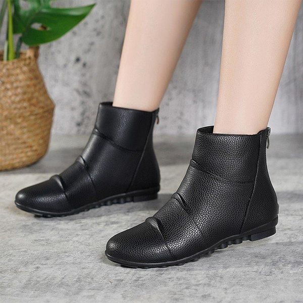 

boots solid color non-slip soft bottom leather women shoes fashion round toe ankle zipper decoration mujer, Black