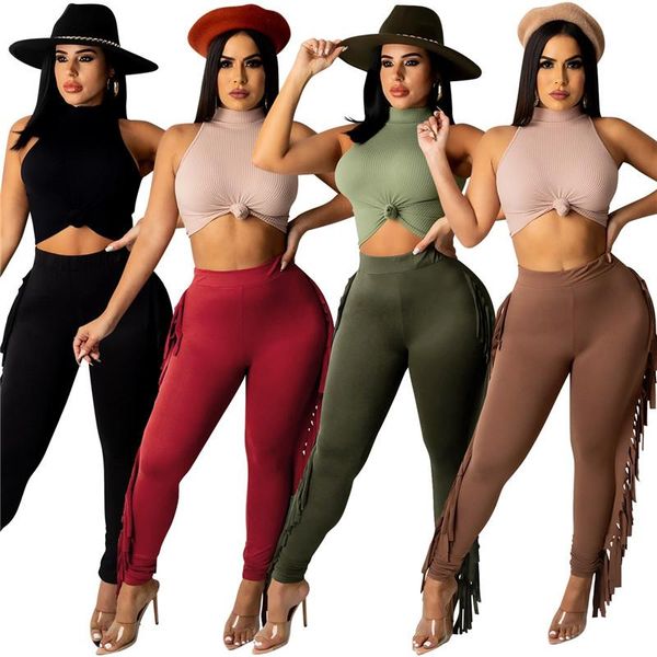 

women's two piece pants simple pure color o neck sleeveless bro and casual lady fashion tracksuits high street outfits, White