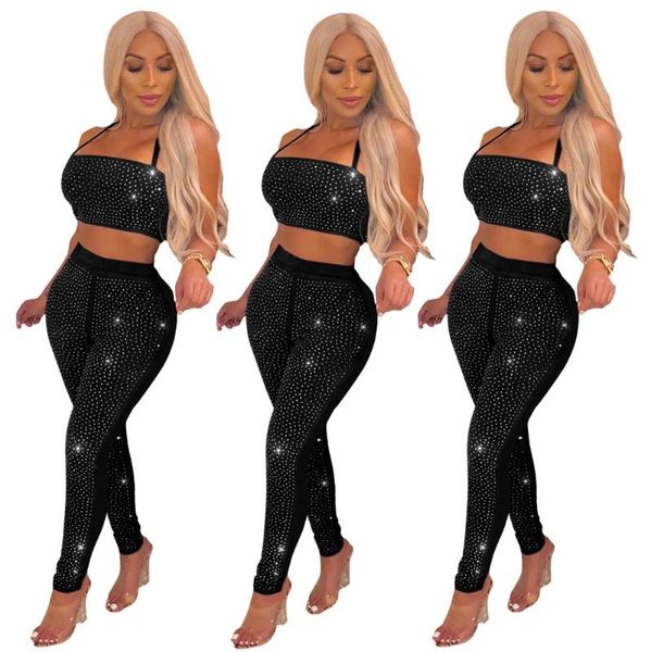 

women's jumpsuits & rompers black sparkling diamonds women two piece set halter strapless crop skinny pants night club outfits fash, Black;white