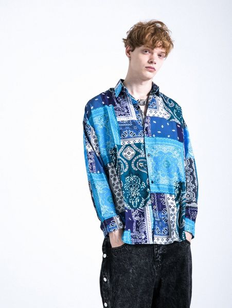

men paisley patchwork print shirt u3fz#, White;black