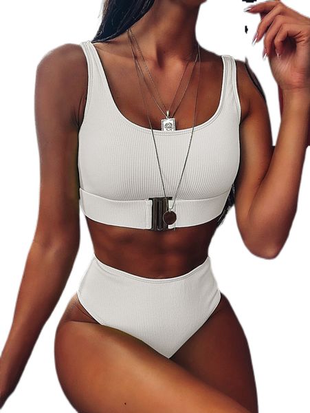 

high waist solid color bikini pit strip swimsuit split buckle bikini, White;black
