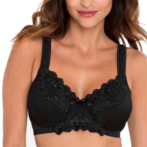 Minimizer Bra Plus Size Mulheres Cobertura Cobertura Não-acolchoado Underwire Lace Black Floral Bordado para Fêmea C D DD DDD E F G H 210728