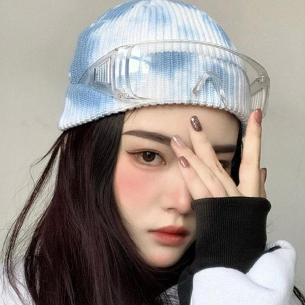

tie-dye beanie winter hats cuffed plain cap bonnet autumn knitted hip hop cap, Blue;gray