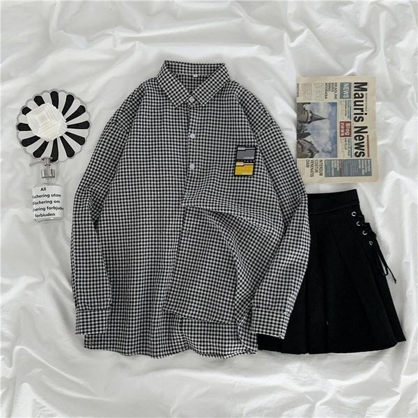 

women's blouses & shirts women cotton black white plaid loose shirt cardigan students preppy style plus size casual blouse blusa thin o