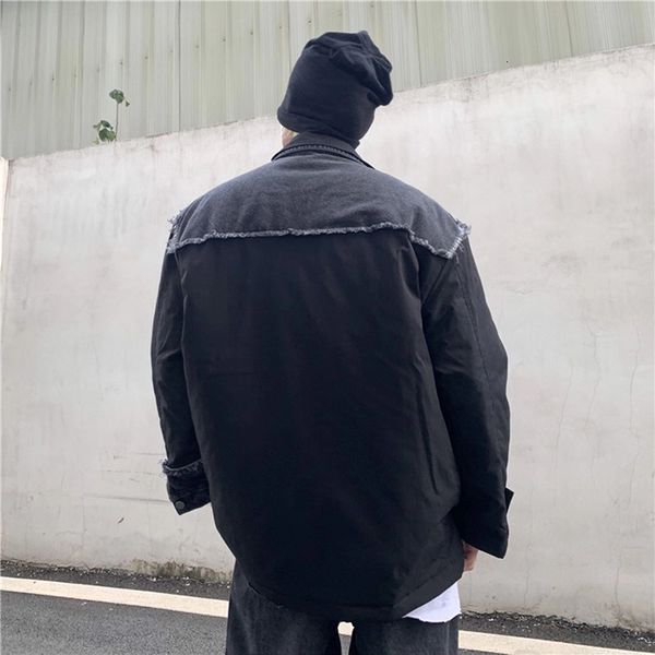 

New Harajuk Block Jeans Winter Coat Men and Women Thick Streetwear Oversize Lapel Wadded Jacket Windbreaker Coa PKJP, Black