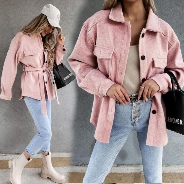 

women's jackets women casual pocket lace-up outwear 2021autumn winter fashion lapel single-breasted thick coats solid color spring loos, Black;brown